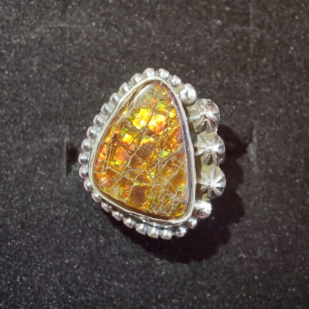 Iridescent Ammolite Silver Statement Ring Size 8.5